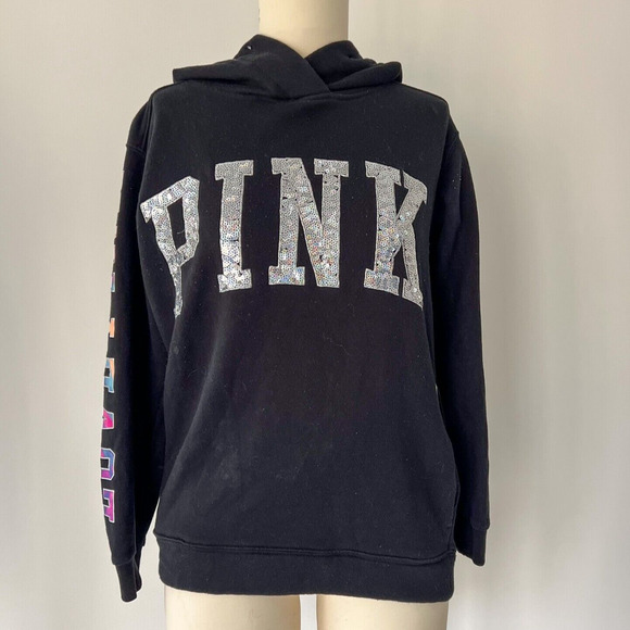 PINK Victoria's Secret Tops - PINK Victorias Secret Womens Size XS Water Color Sequin Logo Bling Hoodie Rare